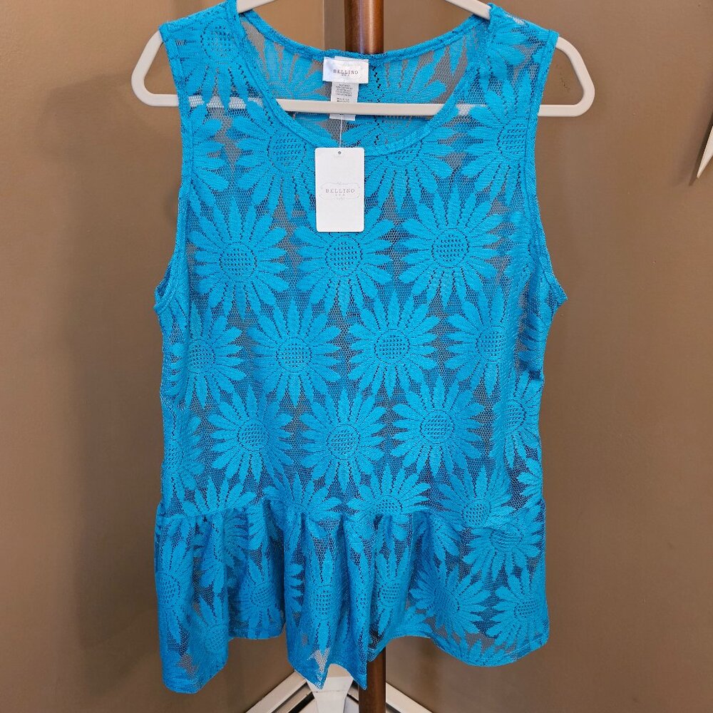 Bellino USA, plus size, 2X, bright blue, lace, ruffle, tank top